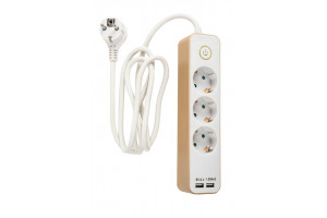 Extension cord 3-way +2xUSB 2,1A Flat plug