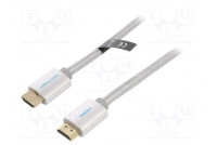 Kaapeli HDMI-pistoke,molemmin puolin PVC tekstiili 1m hopea