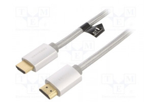 Kaapeli HDMI-pistoke,molemmin puolin PVC tekstiili 2m hopea